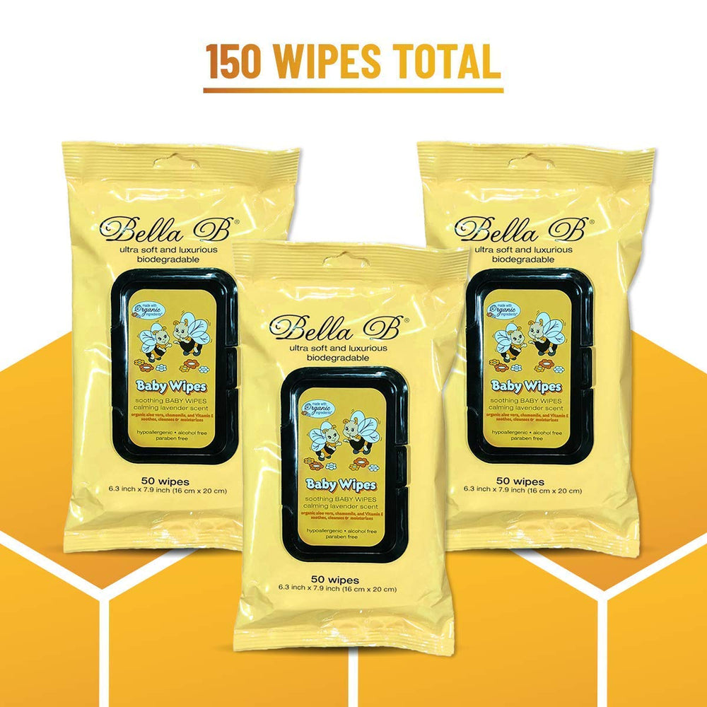 Bella B baby wipes close-up highlights organic aloe and a gentle texture ideal for sensitive skin.