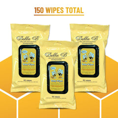 Bella B baby wipes close-up highlights organic aloe and a gentle texture ideal for sensitive skin.