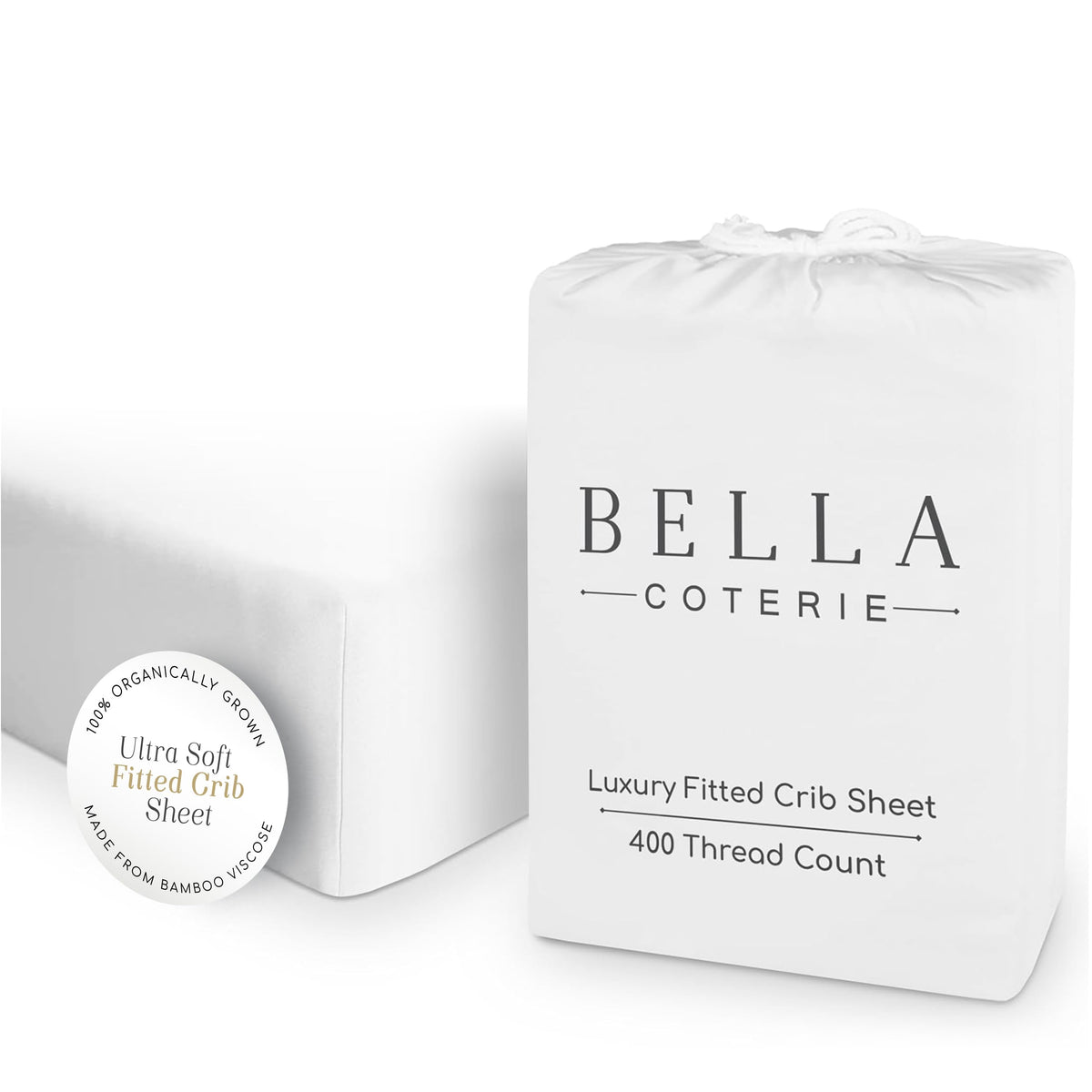 BC Bella Coterie bamboo crib sheet packaging highlights premium fabric and eco-friendly materials.