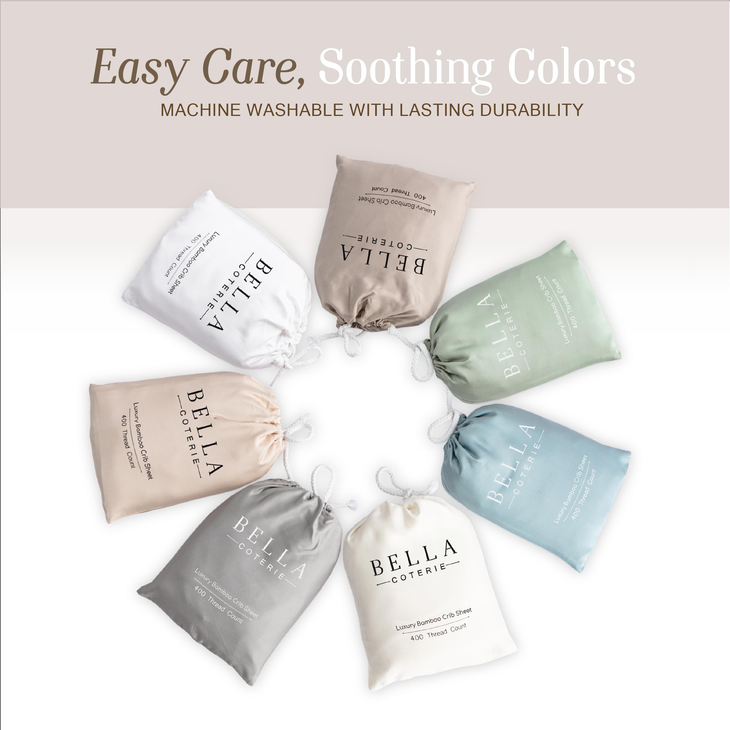 BC Bella Coterie bamboo crib sheet white color contrasts with nursery decor.