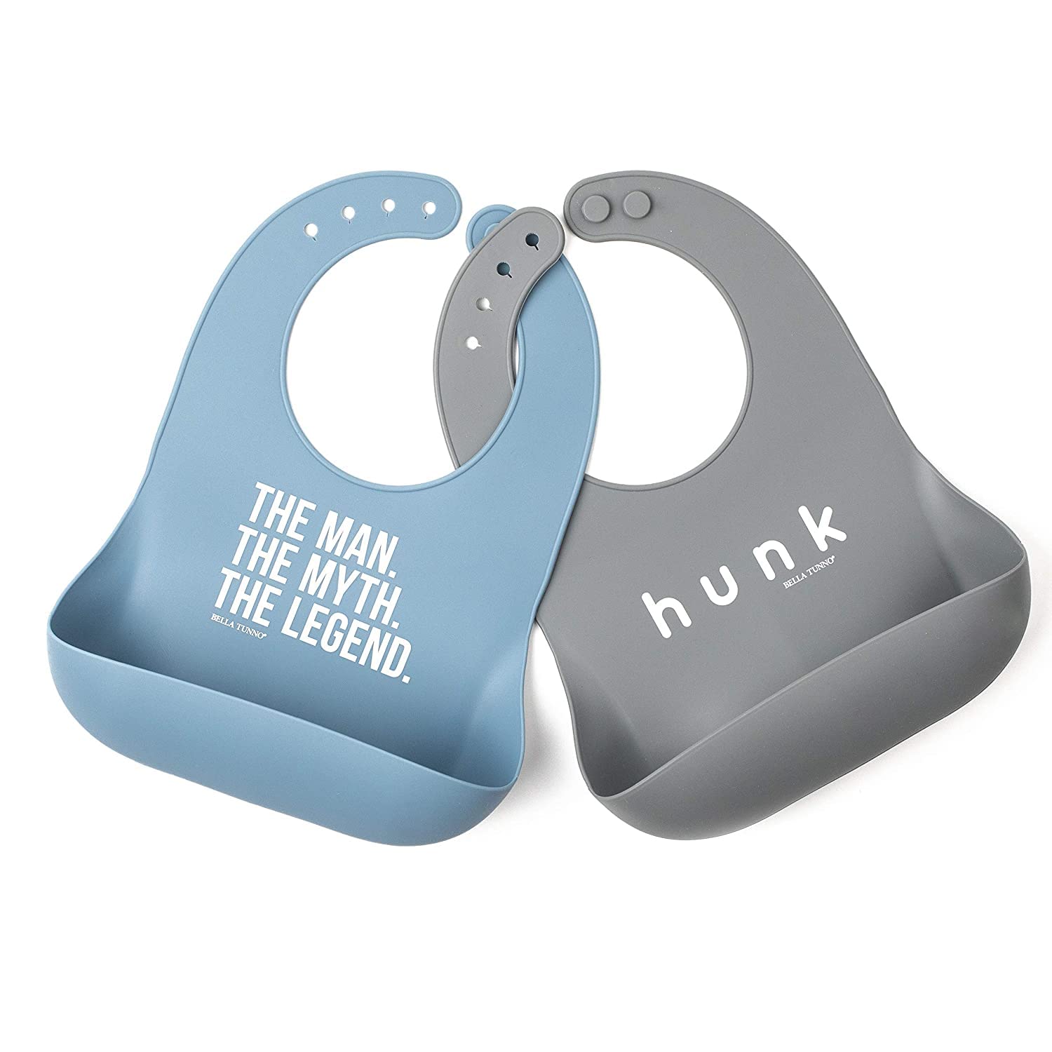 Bella Tunno Hunk closeup bib shows a deep catcher that keeps clothes clean.