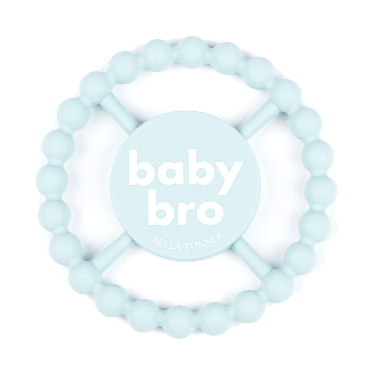 Bella Tunno Baby Bro teether: 4.5-inch round silicone for easy grasping.
