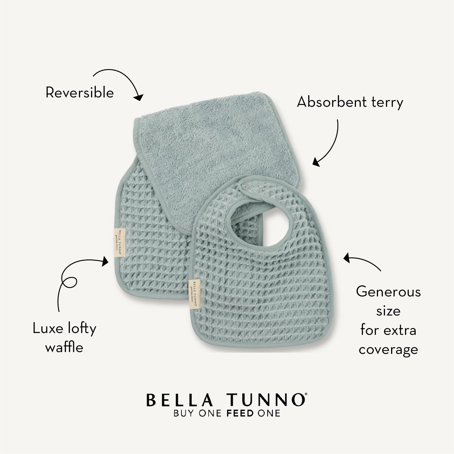 Bella Tunno bib close-up shows waffle texture for dribbles and terry softness for wipes