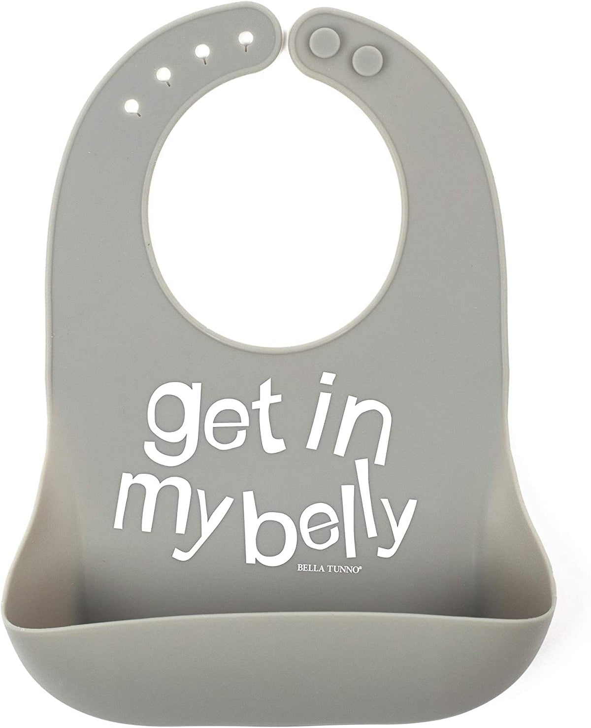 Bella Tunno Get In My Belly bib with a deep pocket for catching crumbs.