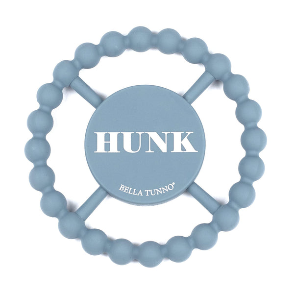 Bella Tunno Hunk teether blue round: safe, soothing gum relief for tiny fingers.