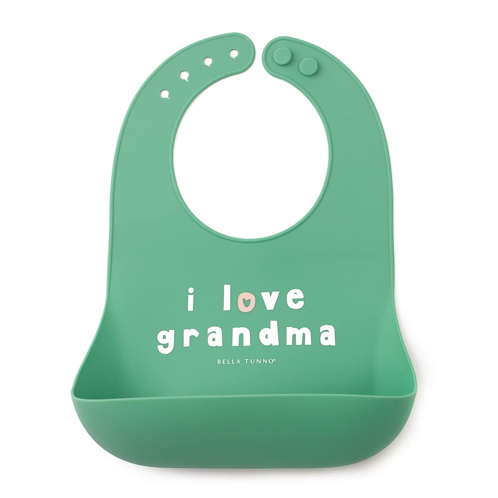 Bella Tunno I Love Grandma bib with pocket open catches crumbs during meals.