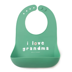 Bella Tunno I Love Grandma bib with pocket open catches crumbs during meals.