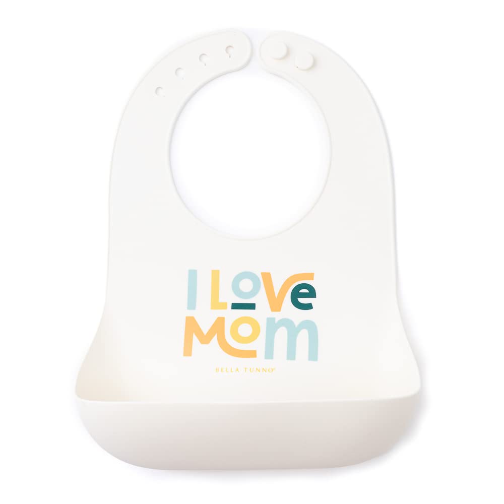 Bella Tunno I Love Mom bib in waterproof silicone showing its mess-free design