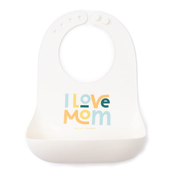 Bella Tunno I Love Mom bib in waterproof silicone showing its mess-free design
