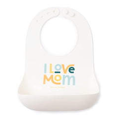 Bella Tunno I Love Mom bib in waterproof silicone showing its mess-free design