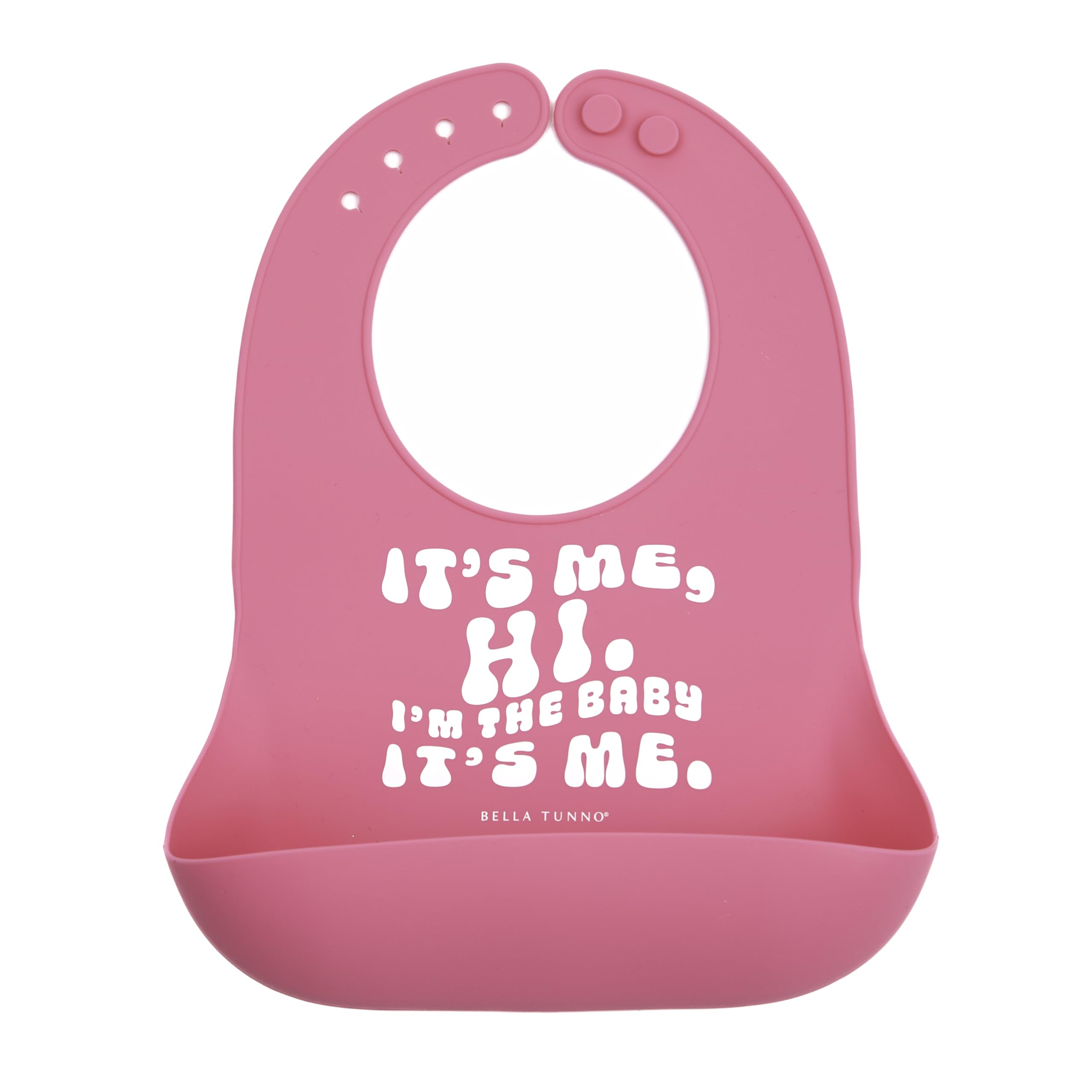 Bella Tunno It’s Me Hi bib with pocket open, catching crumbs during meals