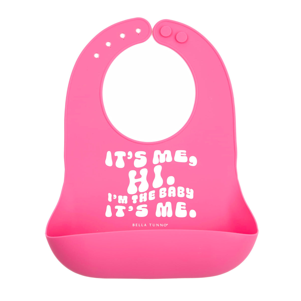 Bella Tunno It’s Me Hi bib with pocket open, catching crumbs during meals