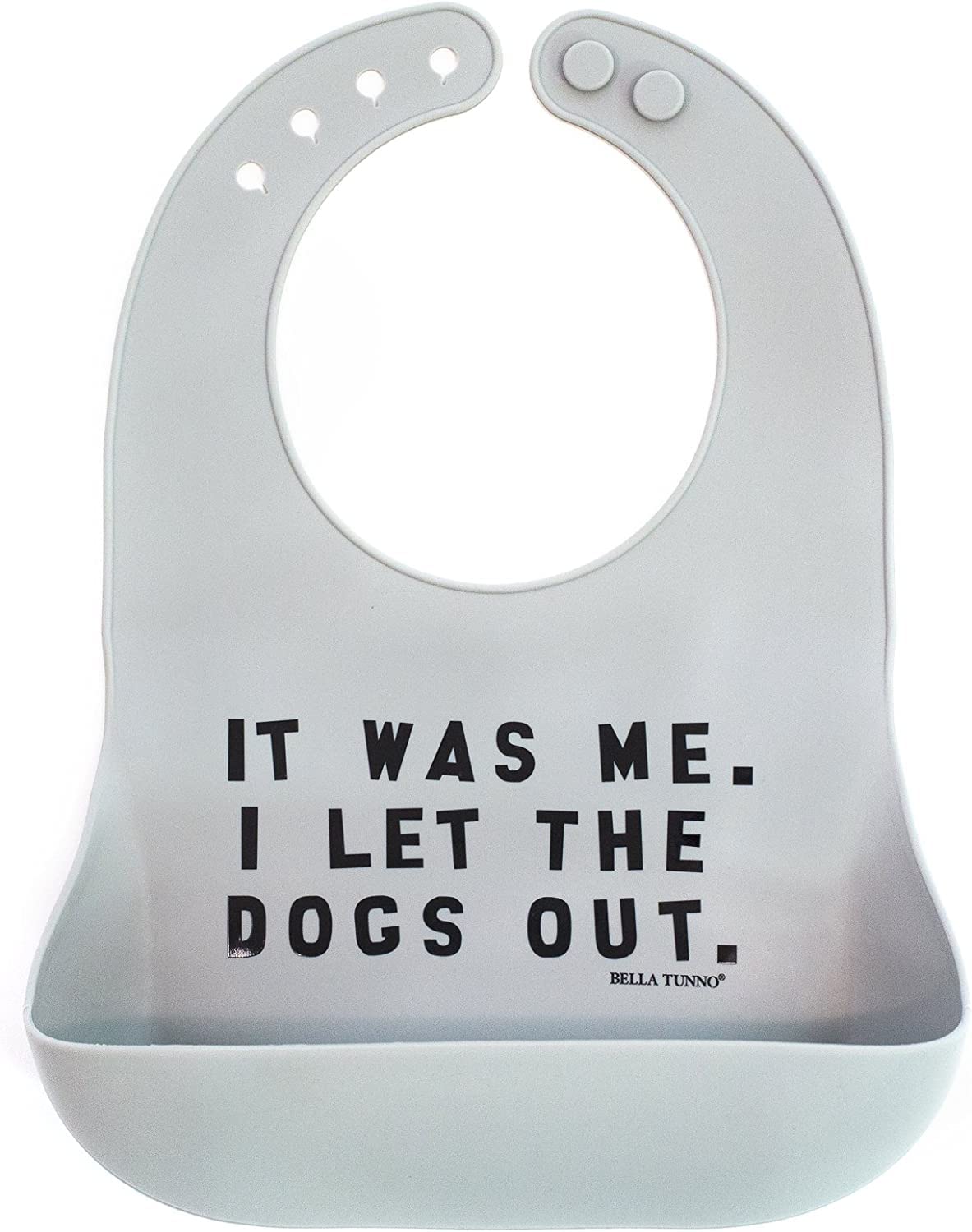 Bella Tunno Let The Dogs Out bib with waterproof silicone and large catch pocket reduces meal mess