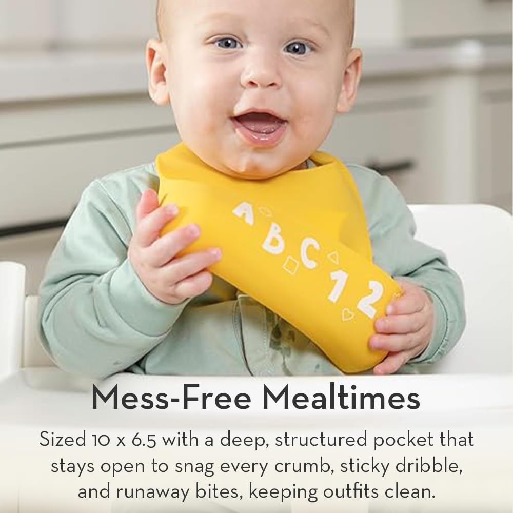 Bella Tunno Little Bites Bib pocket catches mess during meals.