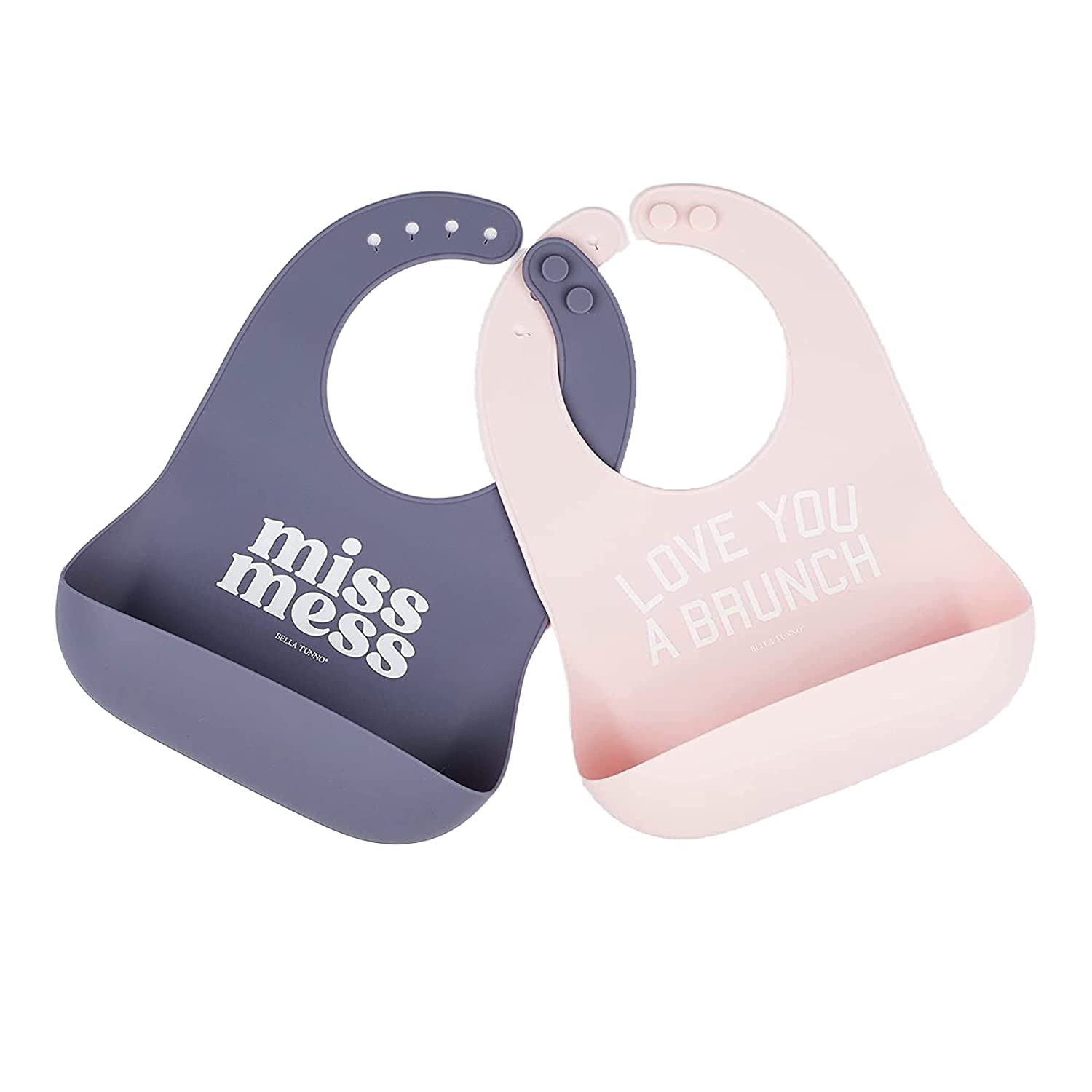 Bella Tunno Miss Mess bib with deep pocket catching crumbs during meals.