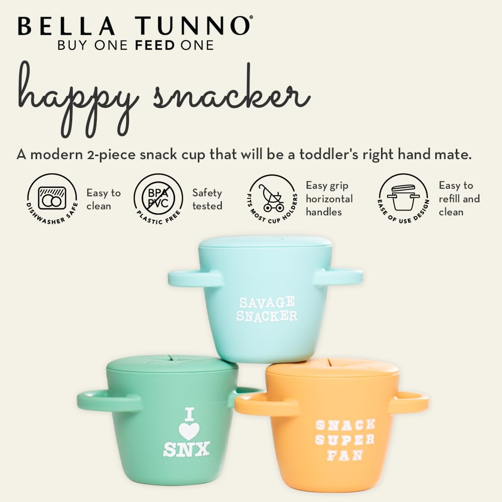 Bella Tunno snack cup with soft flaps; gentle on tiny hands for independent snacking.