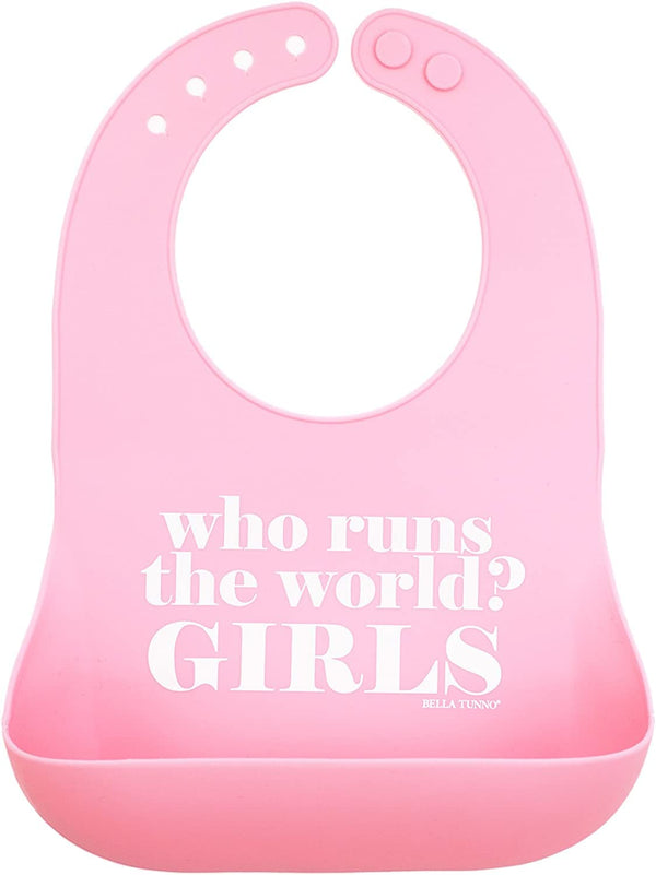 Bella Tunno Who Runs The World bib in waterproof silicone with deep pocket for mess-free meals