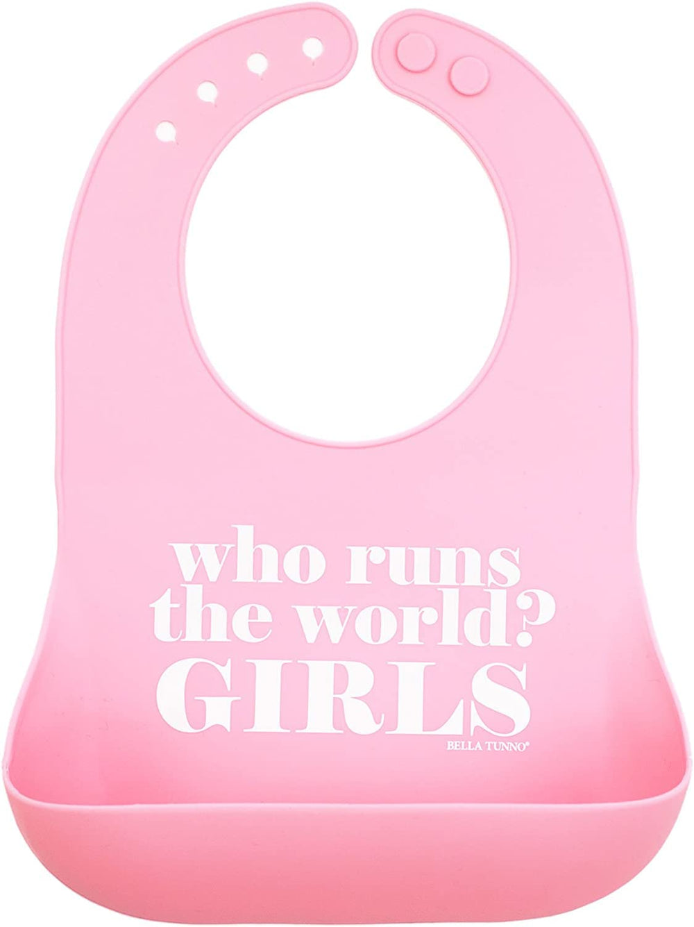 Bella Tunno Who Runs The World bib in waterproof silicone with deep pocket for mess-free meals