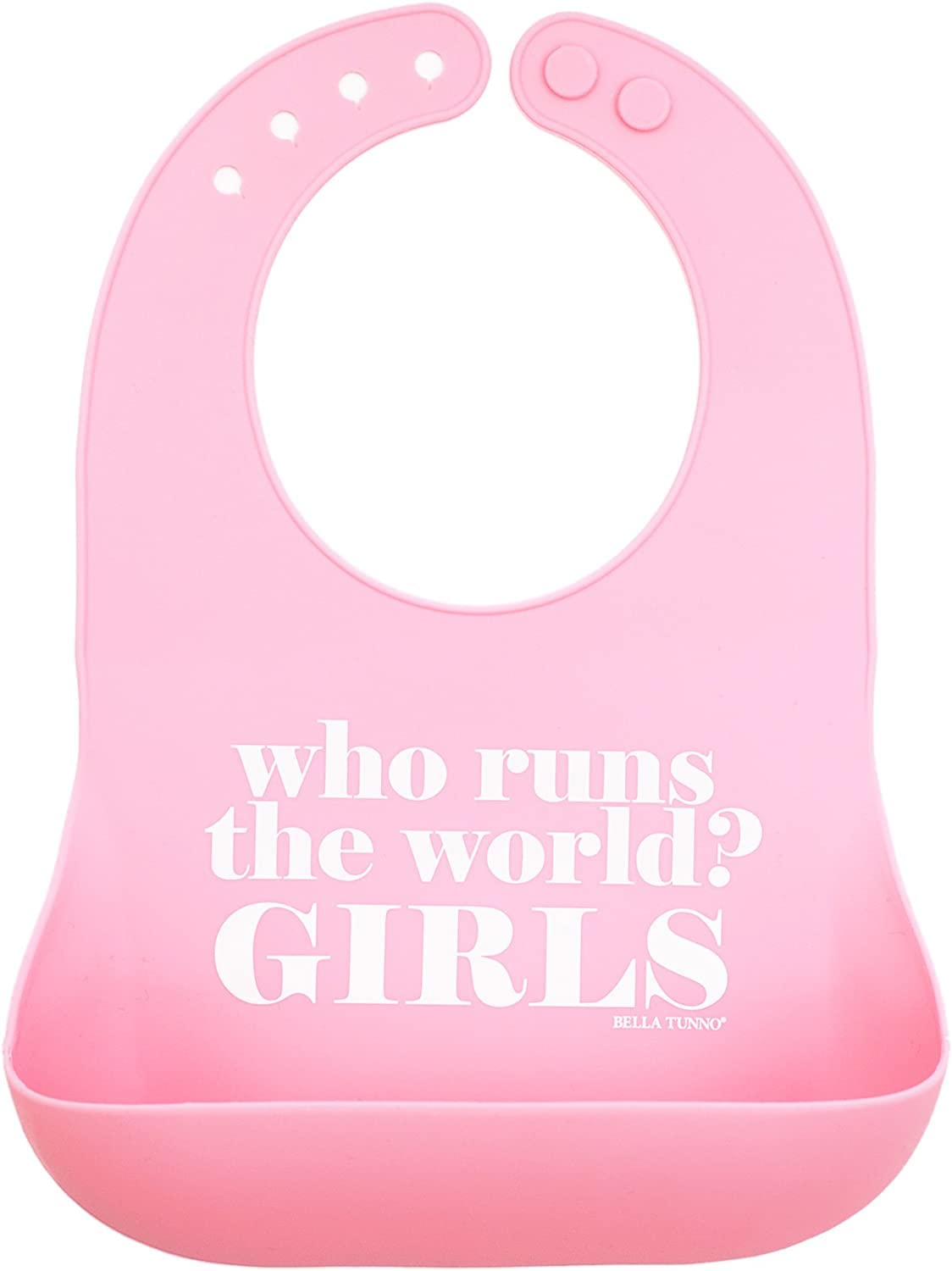 Bella Tunno Who Runs The World bib in waterproof silicone with deep pocket for mess-free meals