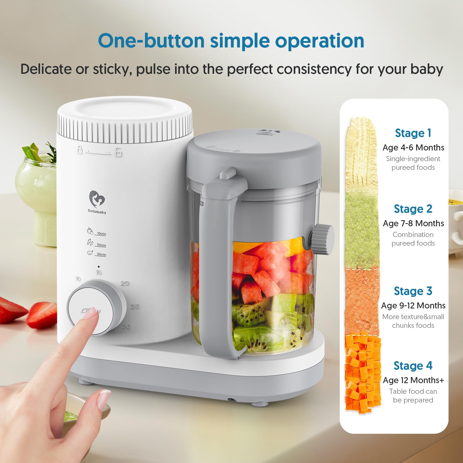 Bellababy 304 stainless steel blades create smooth, consistent purees.