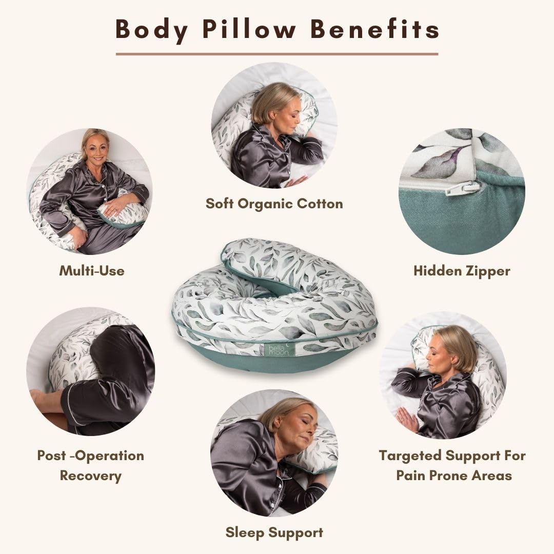 BellaMoon 55-inch pillow demonstrates side-sleeping setup supporting hips and spine.