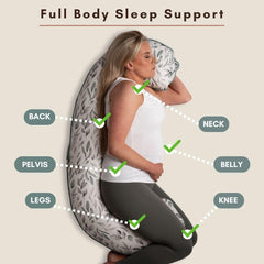 BellaMoon pillow cradles belly and knees to reduce tossing and restlessness.
