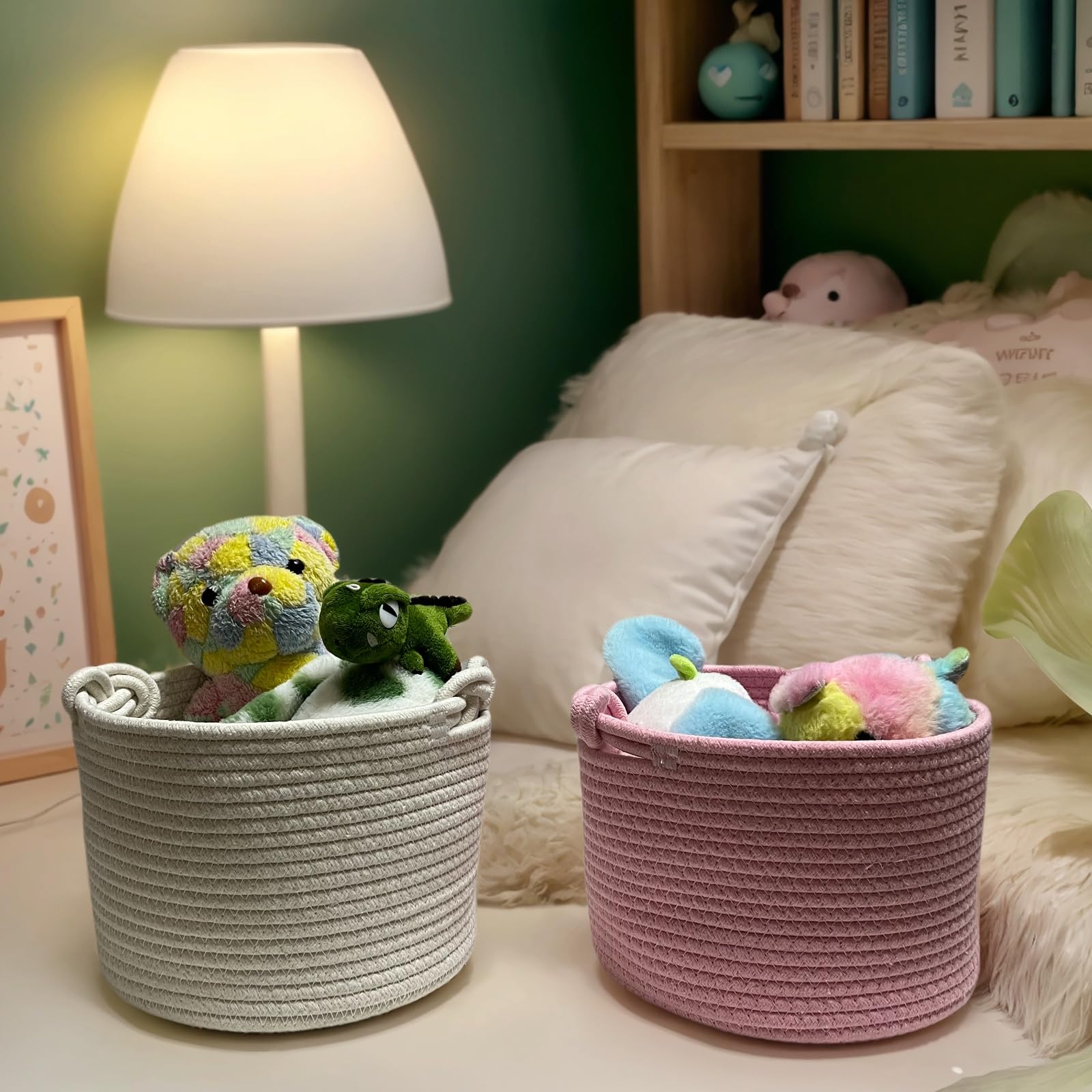 Bellar small rope basket pink storing snacks at the coffee table.