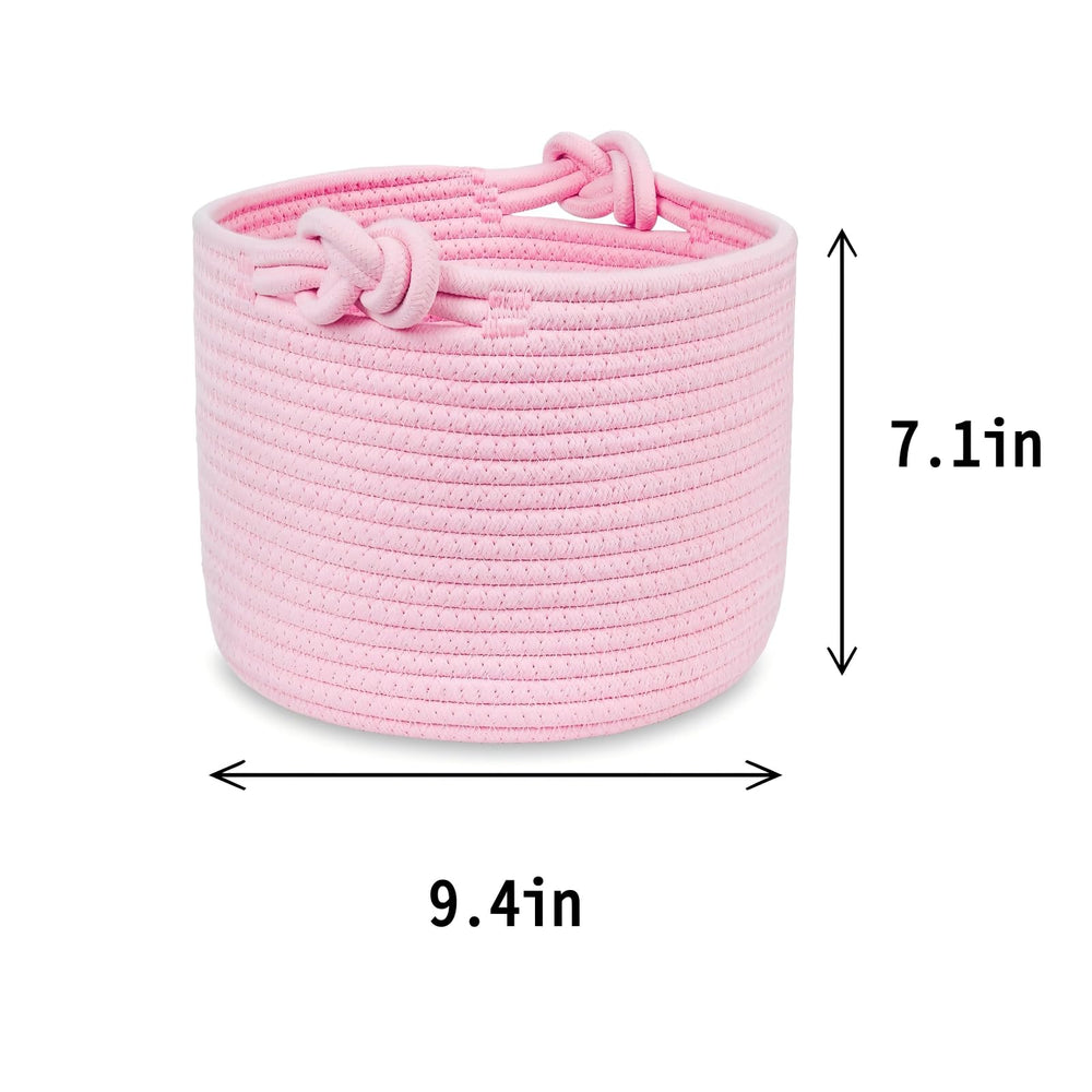 Bellar small rope basket pink toy organization on closet shelf.
