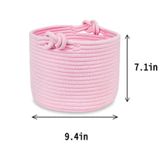 Bellar small rope basket pink toy organization on closet shelf.