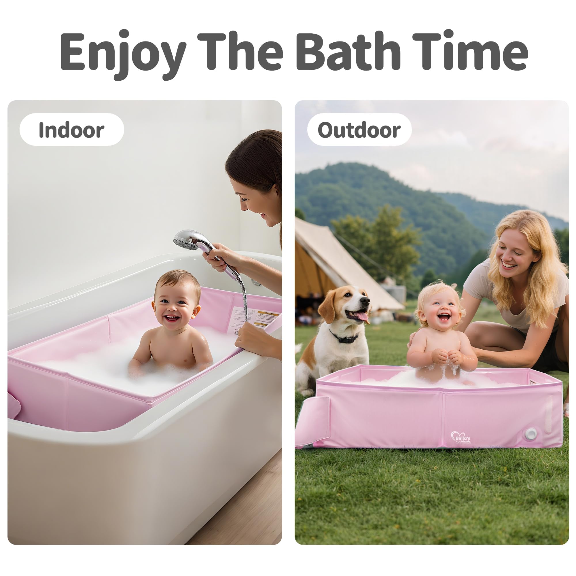 Bella's Friends travel-friendly bath tub is portable for hotel stays and trips.