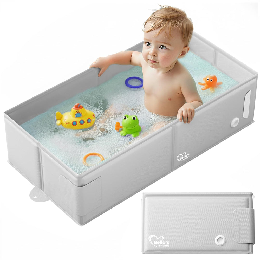 Bella's Friends baby collapsible tub folded for compact storage and portability.