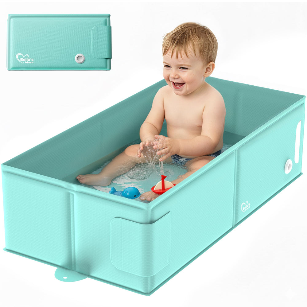 Bella's Friends baby collapsible tub folded for compact storage and easy tucking away.
