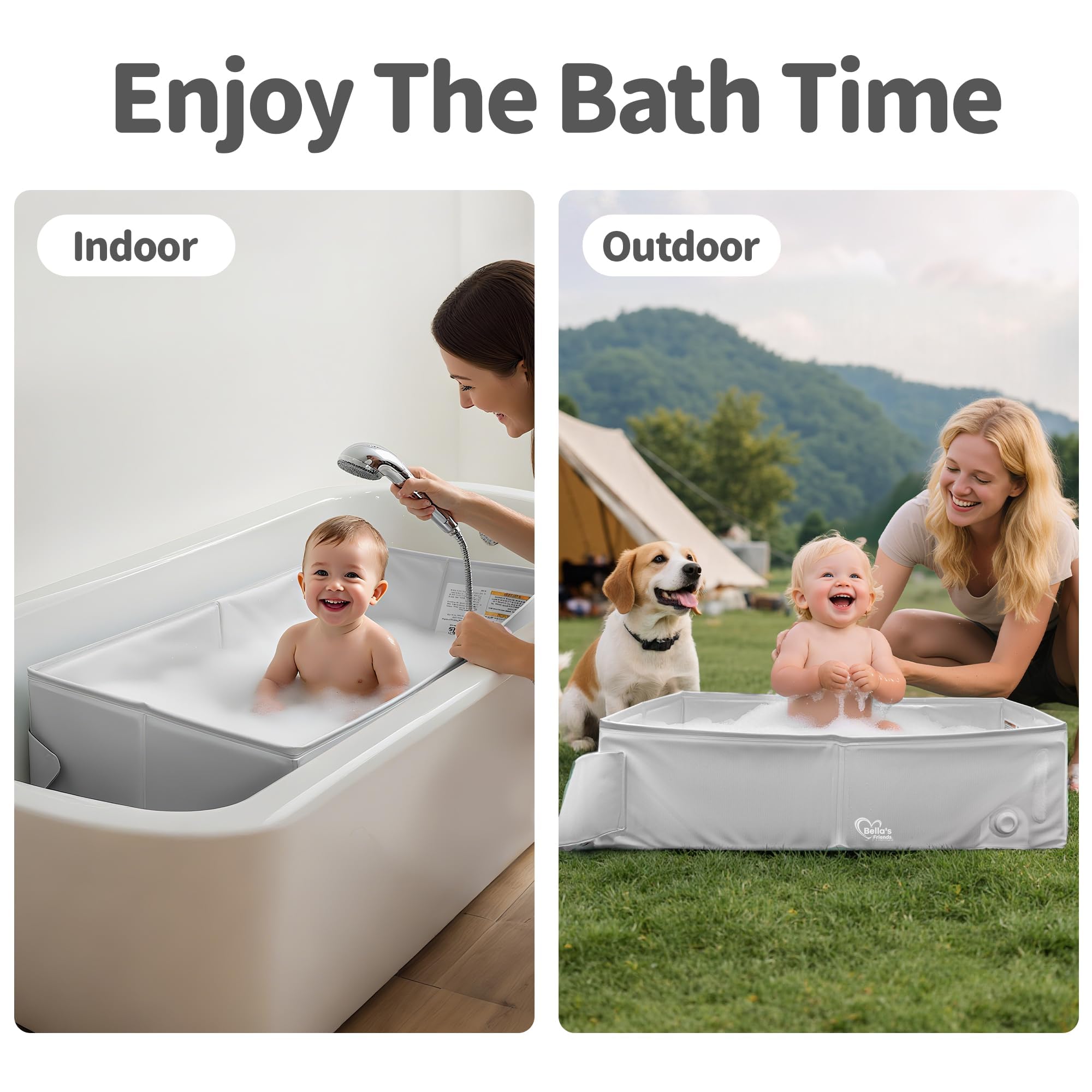 Bella's Friends baby collapsible tub ready for travel and on-the-go baths.