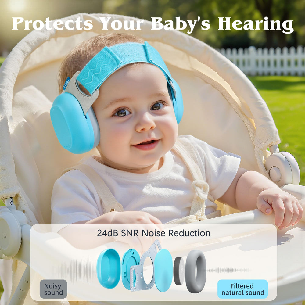Bella's Friends blue baby ear protection, adjustable straps, grows with your child for lasting comfort.