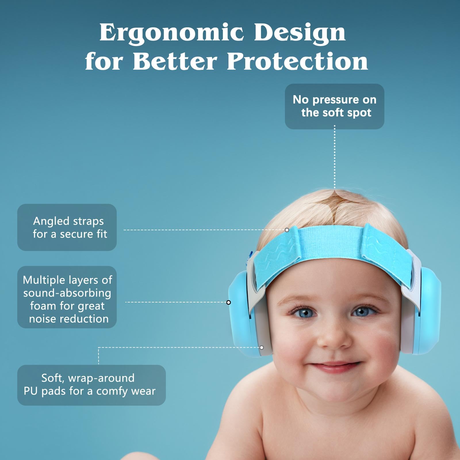 Bella's Friends blue baby ear protection, soft padding, gentle seal for delicate ears.