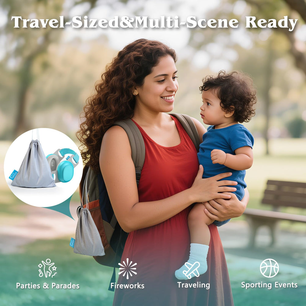 Bella's Friends blue baby ear protection, travel-ready design for airplanes and outings.