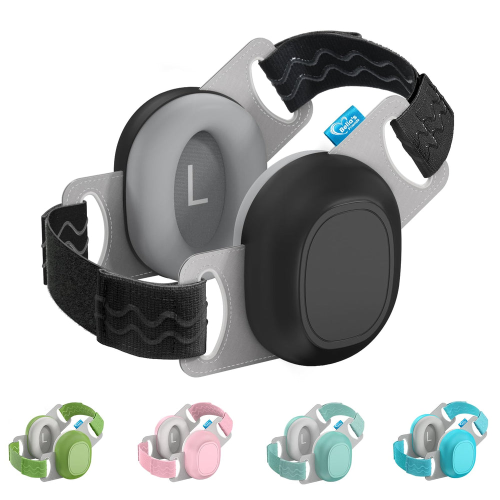 Bella's Friends baby ear protection front view shows 24dB noise reduction for travel.