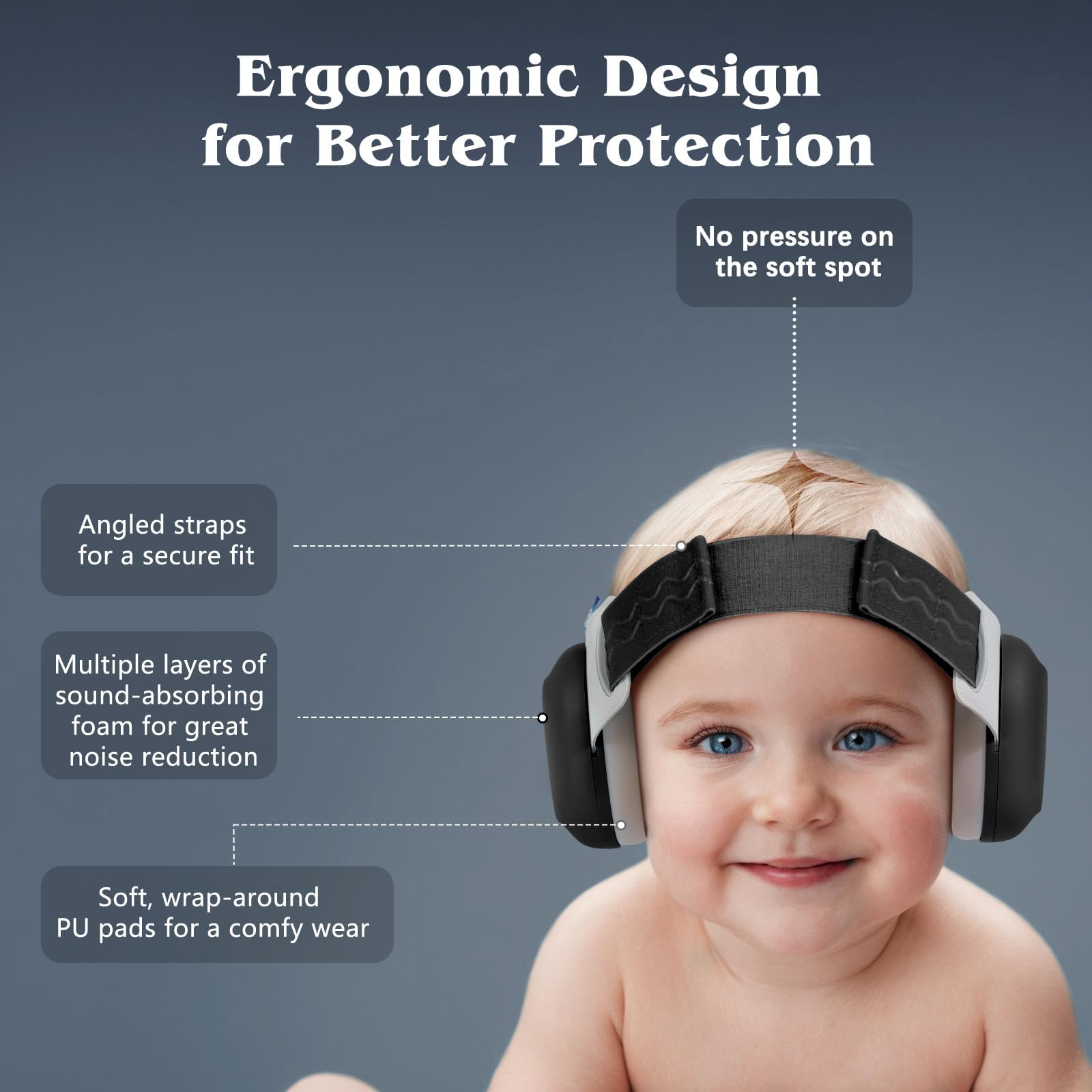 Bella's Friends earmuffs with ergonomic headband accommodate 3–48 months.