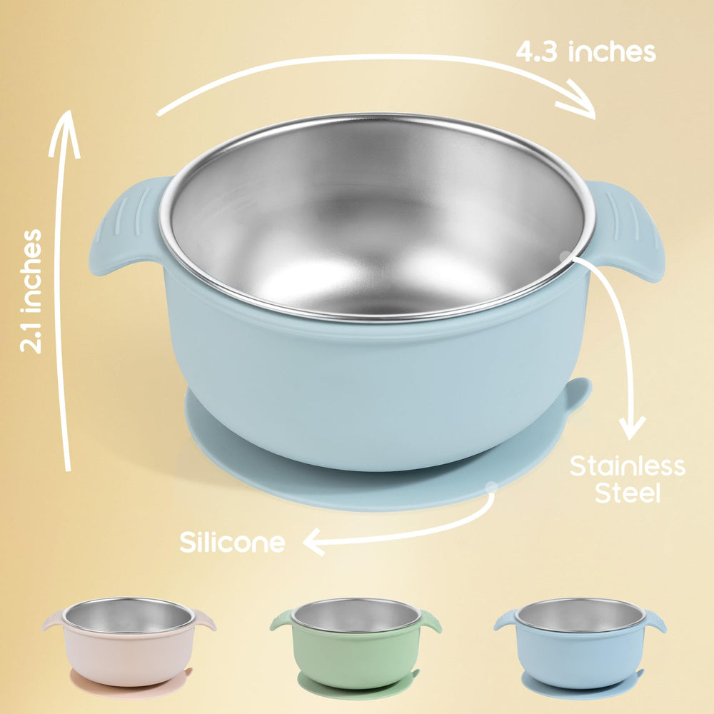 Bella's Friends suction-base bowl in green reduces spills during toddler meals.