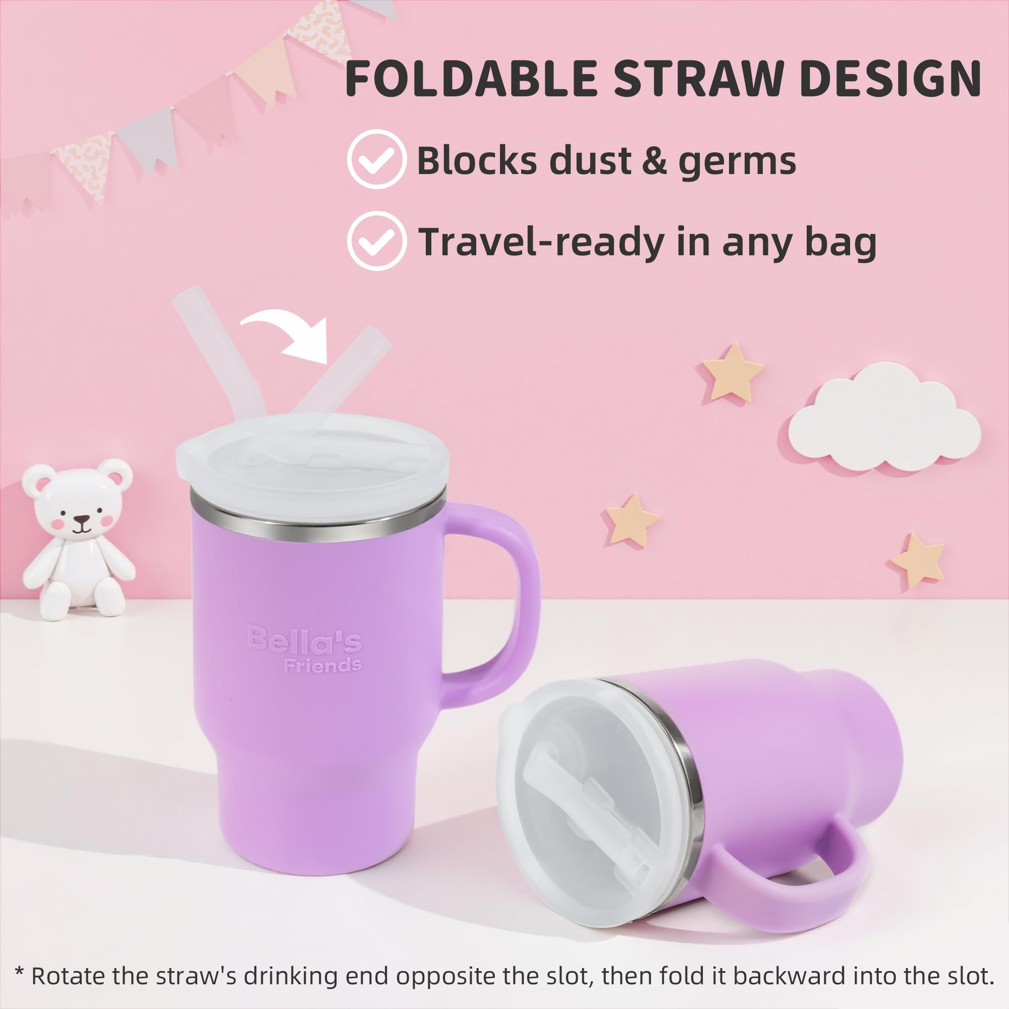 Foldable silicone straw of Bella's Friends cup with internal valve for travel ease.