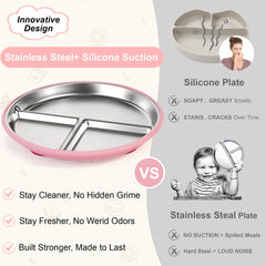 Bella's Friends plate shows four silicone suction cups for stable dining