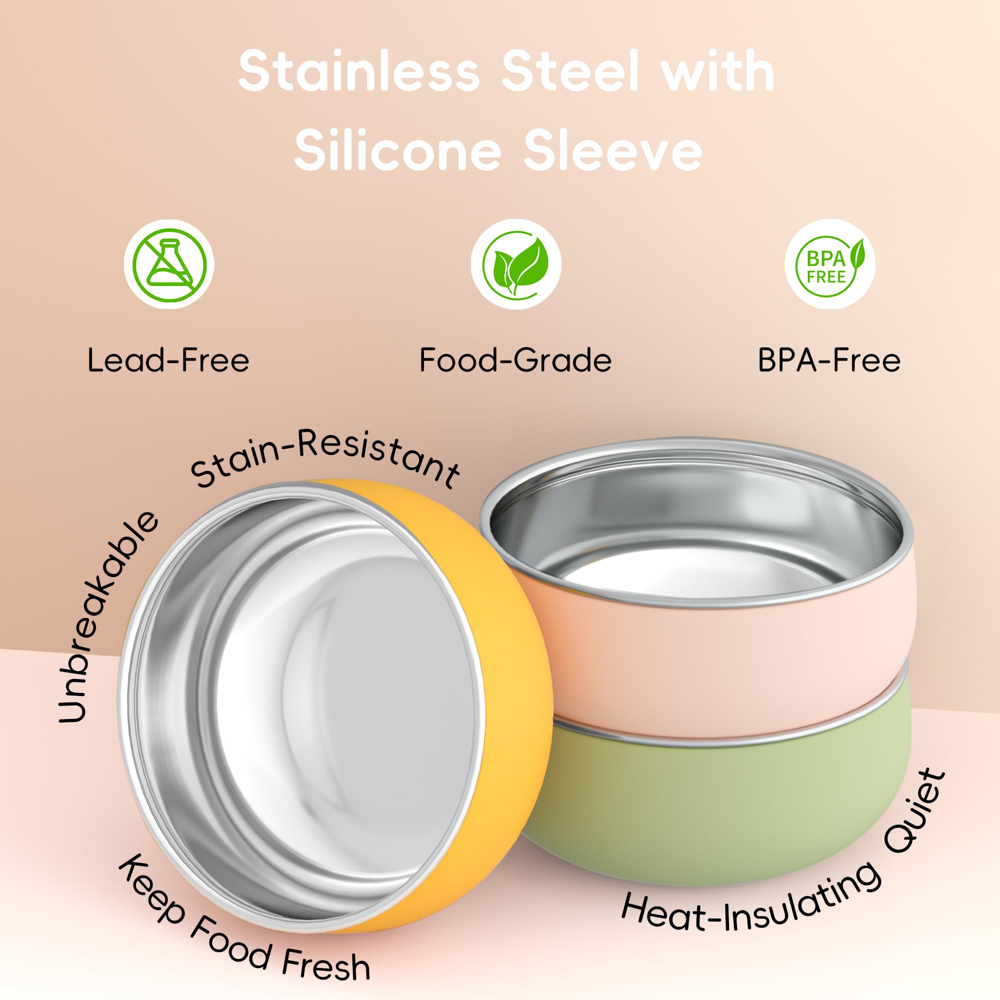 Bella's Friends durable stainless steel bowl withstands drops for busy families.