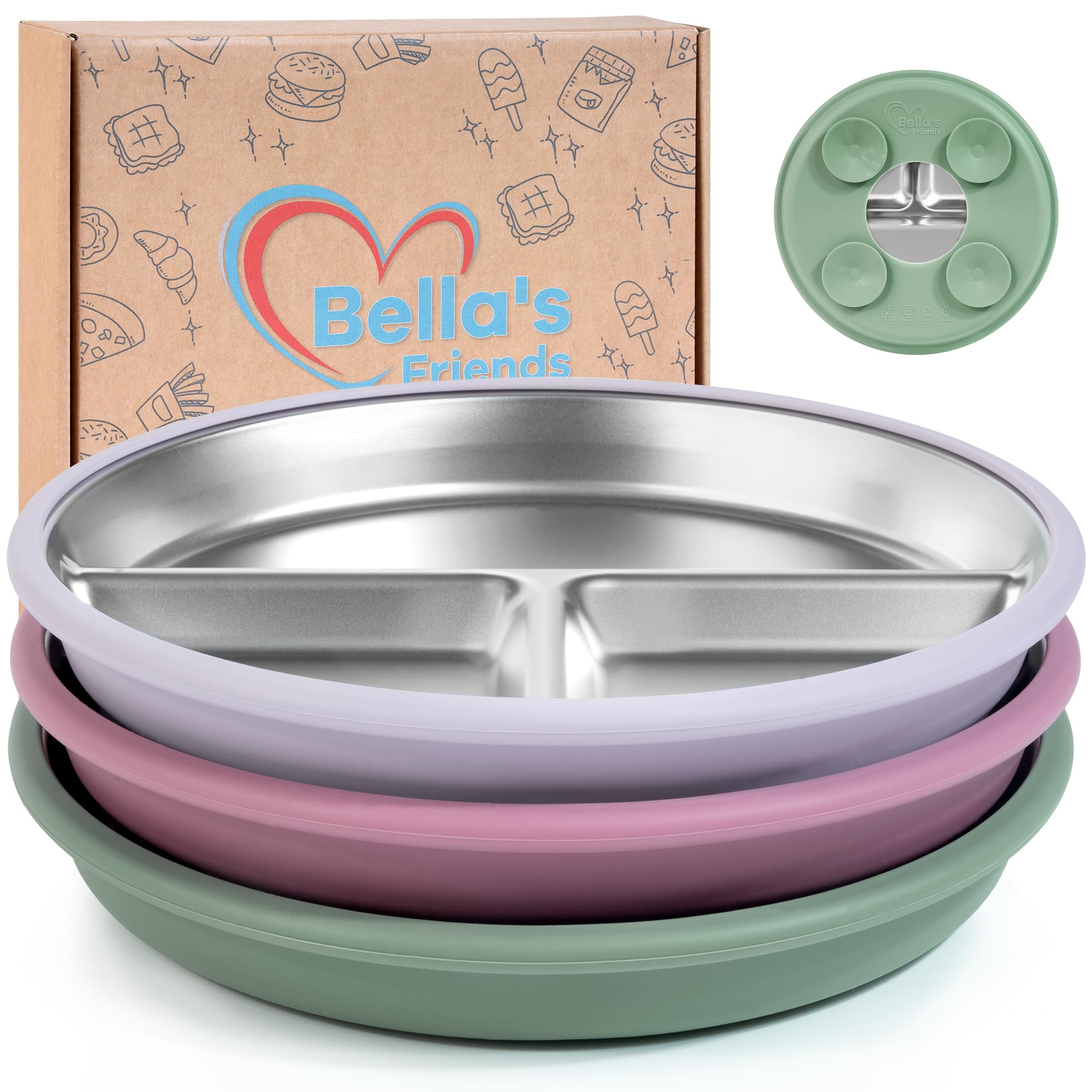 Bella's Friends 8-inch stainless steel suction plate for kids in purple keeps meals tidy