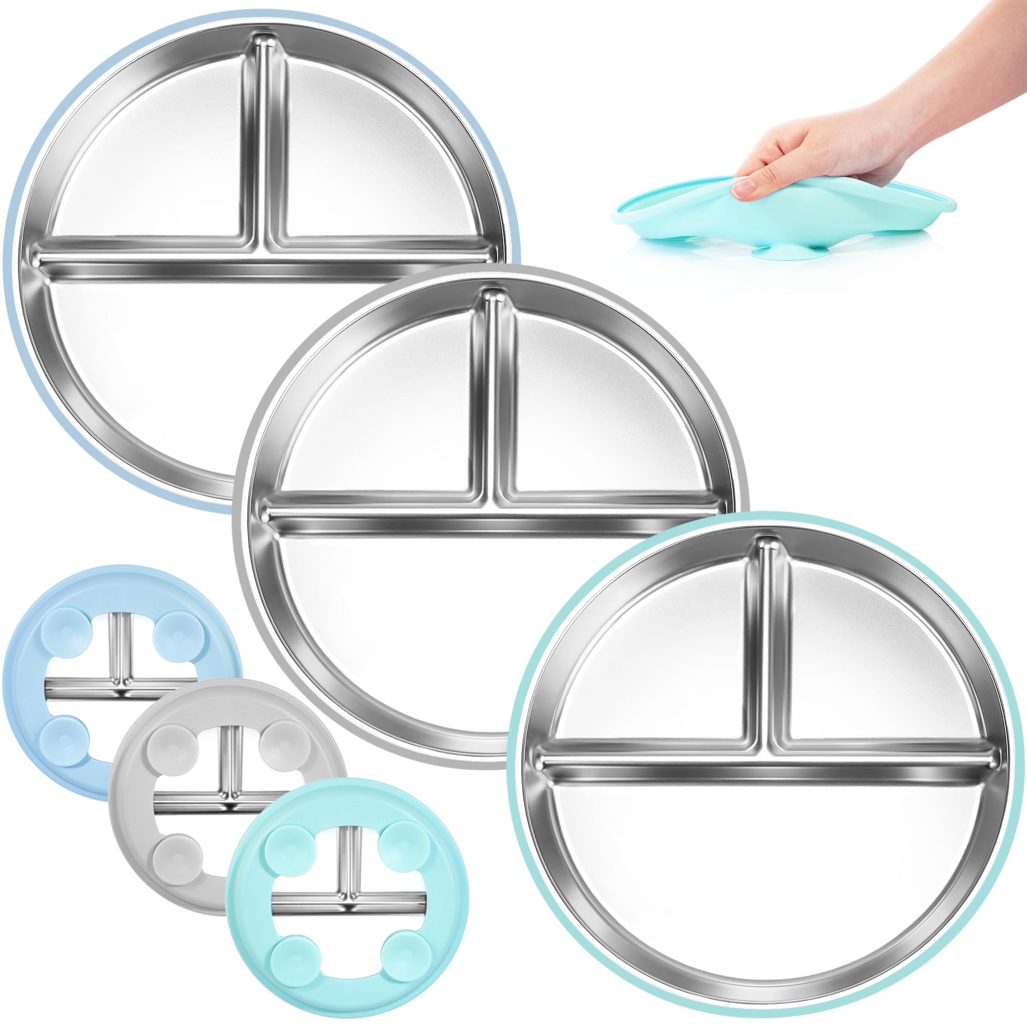 Bella's Friends blue stainless steel toddler plate with strong suction for mess-free meals.