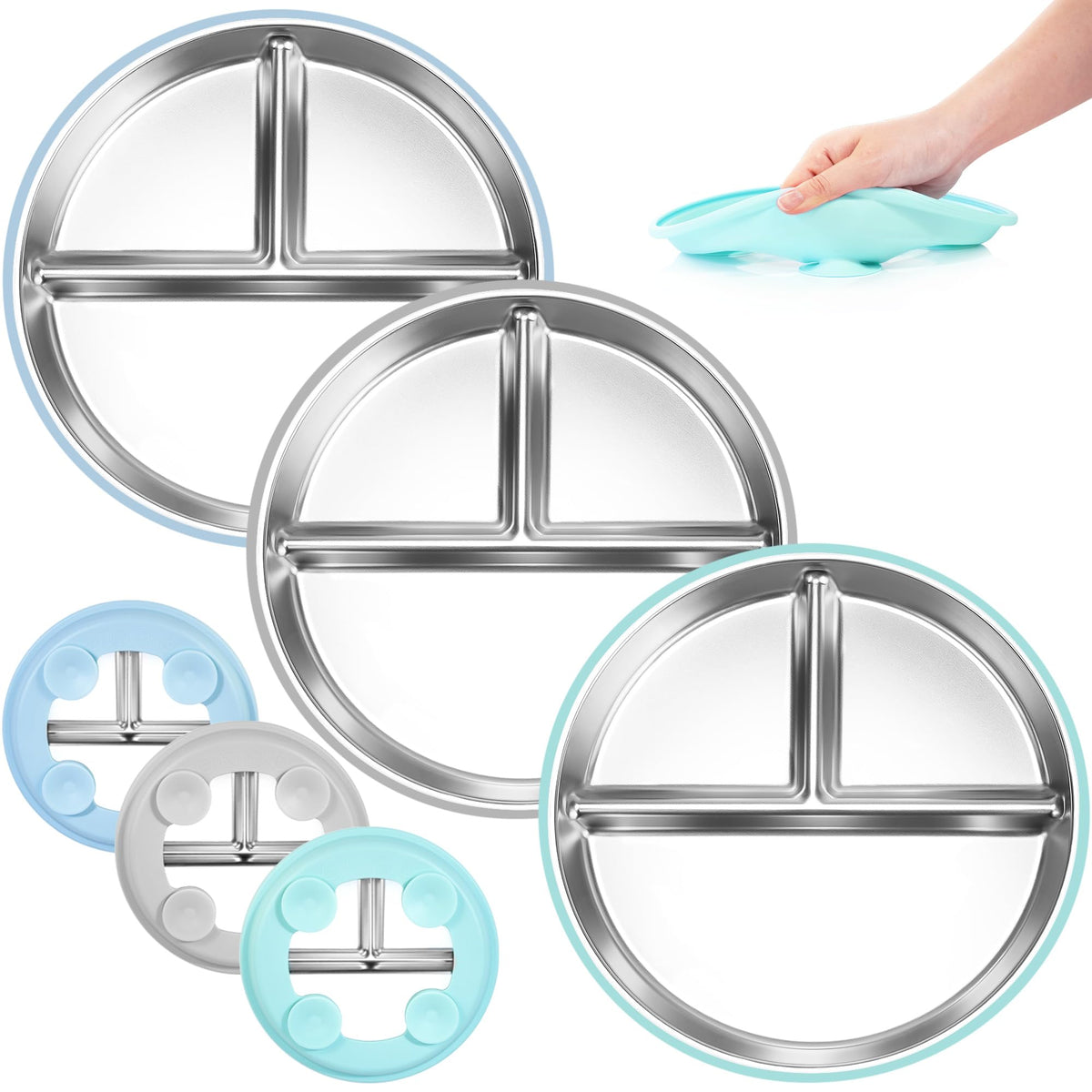 Bella's Friends blue stainless steel toddler plate with strong suction for mess-free meals.