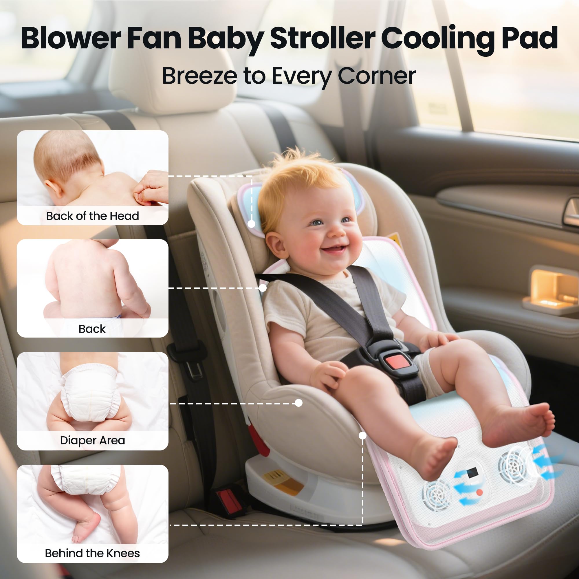 Bella's Friends stroller cooling pad with dual blowers delivers cooling airflow on demand.