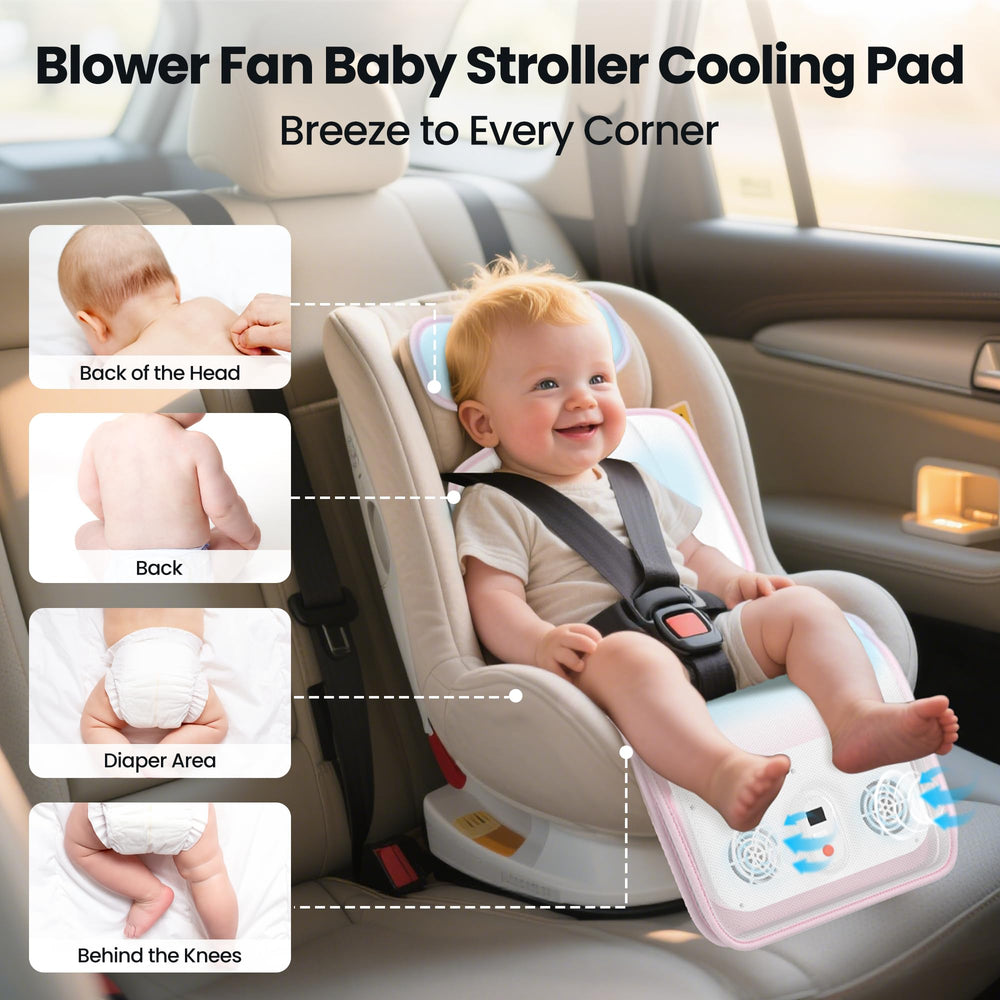 Bella's Friends stroller cooling pad with dual blowers delivers cooling airflow on demand.