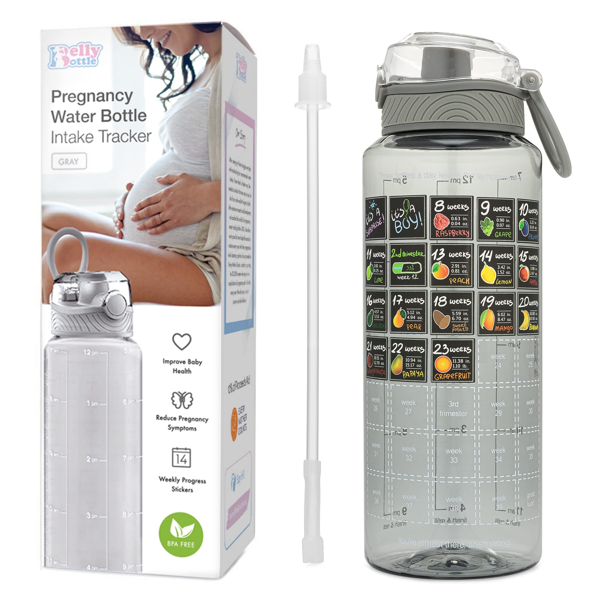 BellyBottle hydration tracker bottle shows daily water goals.