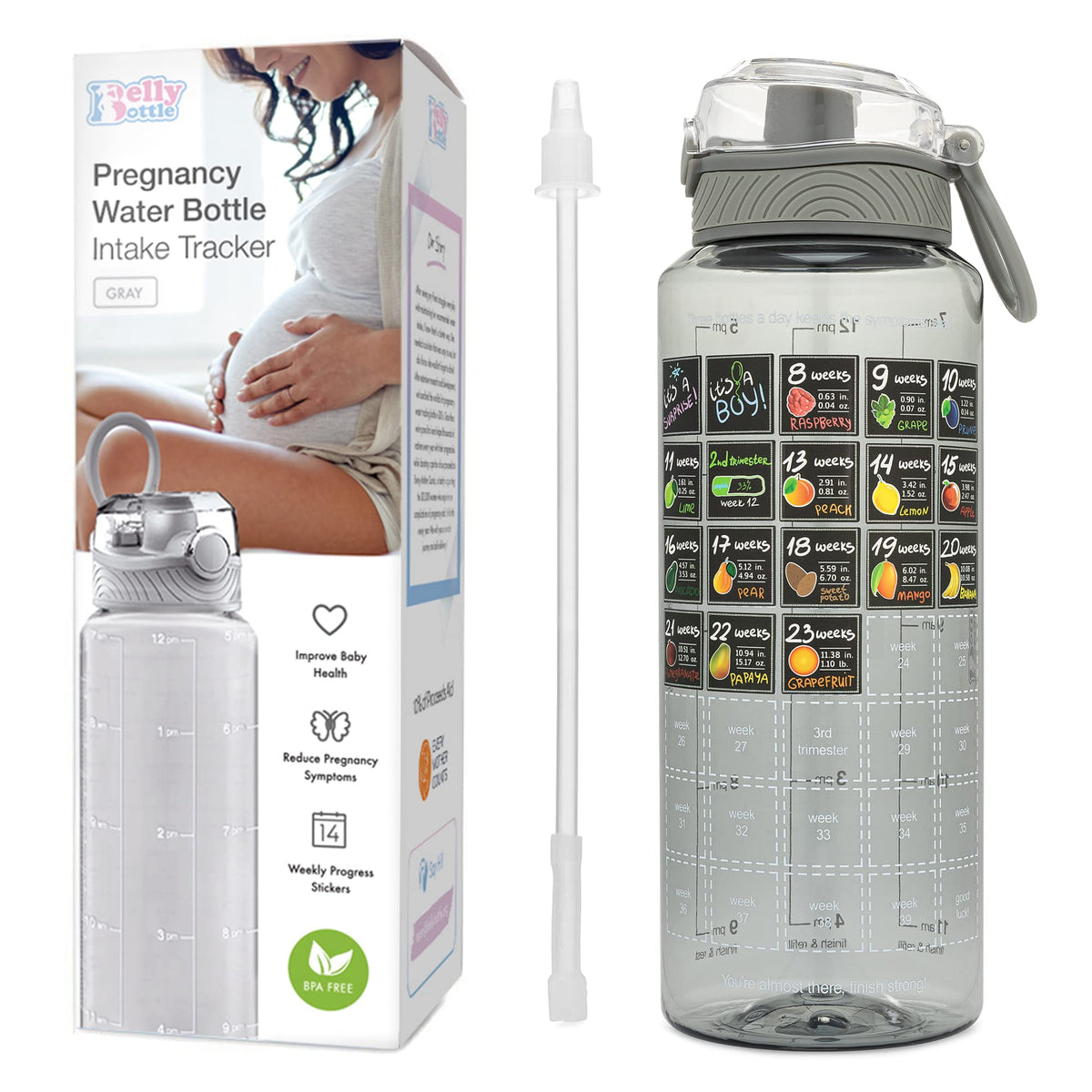 BellyBottle hydration tracker bottle shows daily water goals.