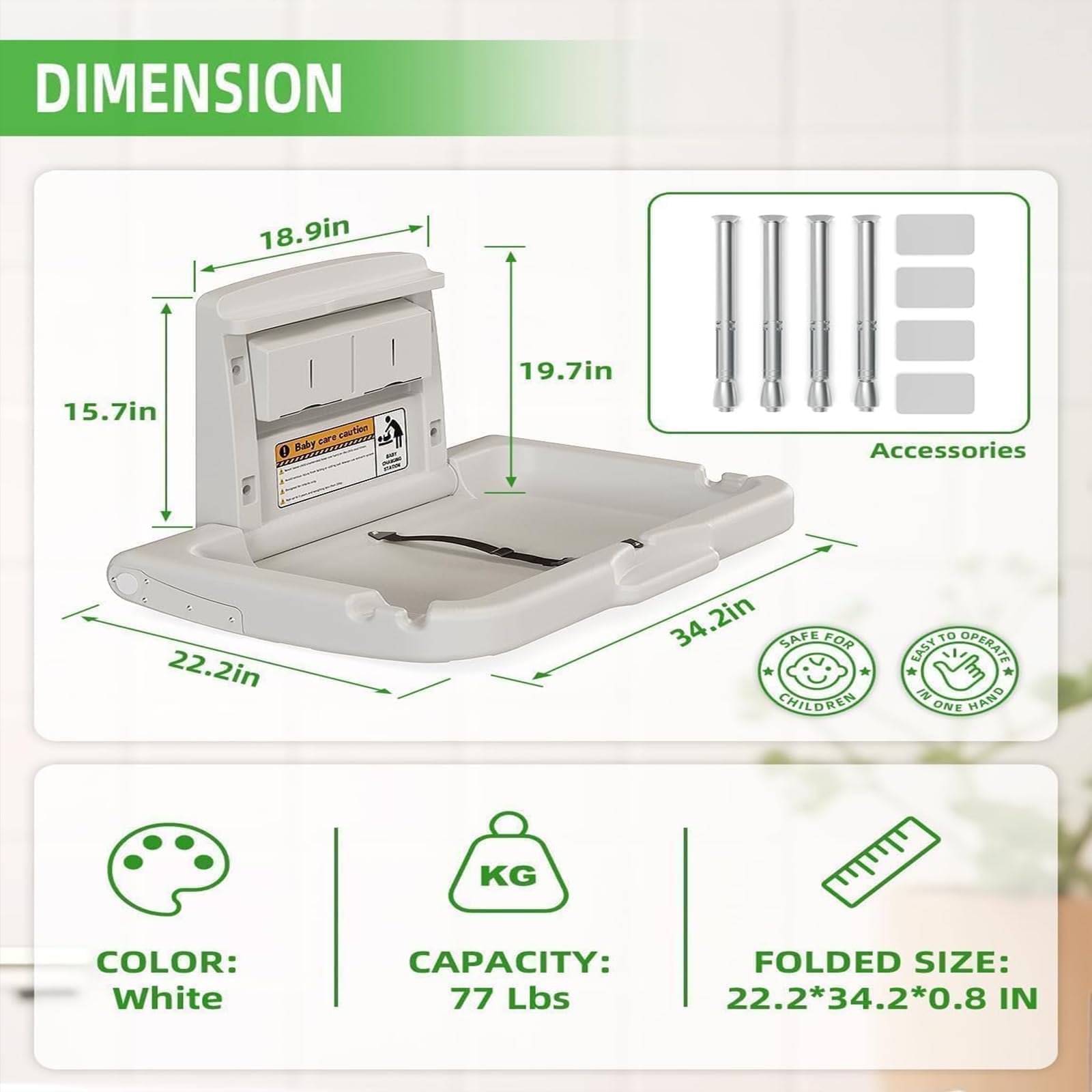 BELZAR safety strap and hooks keep essentials in reach during diaper changes.
